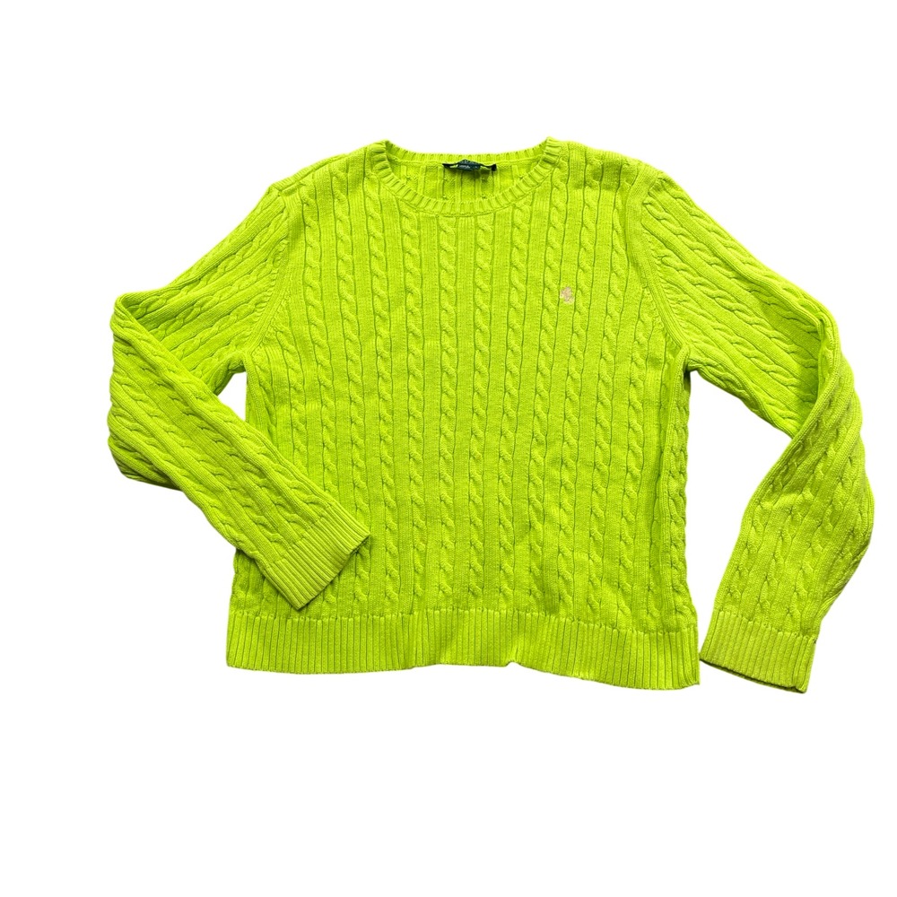 Lauren Ralph Lauren Large Vintage Green cable-Knit Crew Neck Sweater 100% Cotton